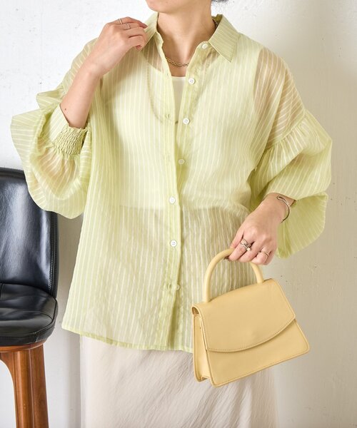 Jena espace merveilleux(ジェナ エスパスメルヴェイユ)の「【体系カバー◎】シアーストライプチュニックシャツ(シャツ/ブラウス・レディース・オフホワイト/イエロー/ブラック・FREE)」の1枚目の写真