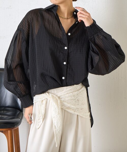 Jena espace merveilleux(ジェナ エスパスメルヴェイユ)の「【体系カバー◎】シアーストライプチュニックシャツ(シャツ/ブラウス・レディース・オフホワイト/イエロー/ブラック・FREE)」の3枚目の写真