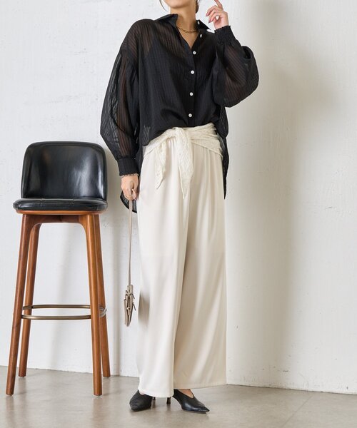 Jena espace merveilleux(ジェナ エスパスメルヴェイユ)の「【体系カバー◎】シアーストライプチュニックシャツ(シャツ/ブラウス・レディース・オフホワイト/イエロー/ブラック・FREE)」の4枚目の写真