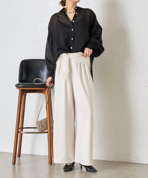 Jena espace merveilleux(ジェナ エスパスメルヴェイユ)の「【体系カバー◎】シアーストライプチュニックシャツ(シャツ/ブラウス・レディース・オフホワイト/イエロー/ブラック・FREE)」の5枚目の写真