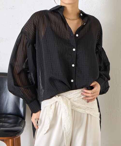 Jena espace merveilleux(ジェナ エスパスメルヴェイユ)の「【体系カバー◎】シアーストライプチュニックシャツ(シャツ/ブラウス・レディース・オフホワイト/イエロー/ブラック・FREE)」の9枚目の写真