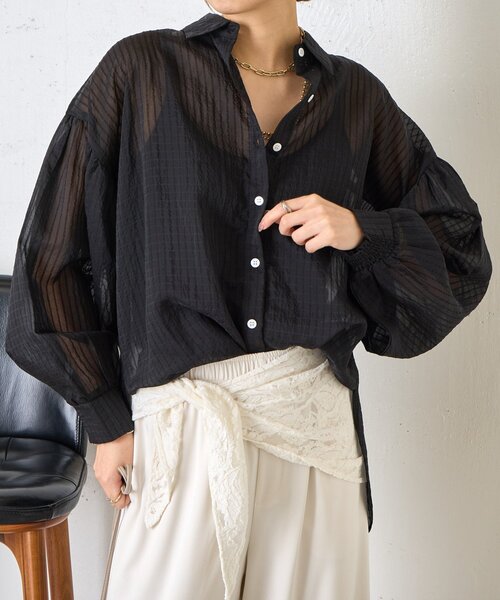 Jena espace merveilleux(ジェナ エスパスメルヴェイユ)の「【体系カバー◎】シアーストライプチュニックシャツ(シャツ/ブラウス・レディース・オフホワイト/イエロー/ブラック・FREE)」の10枚目の写真