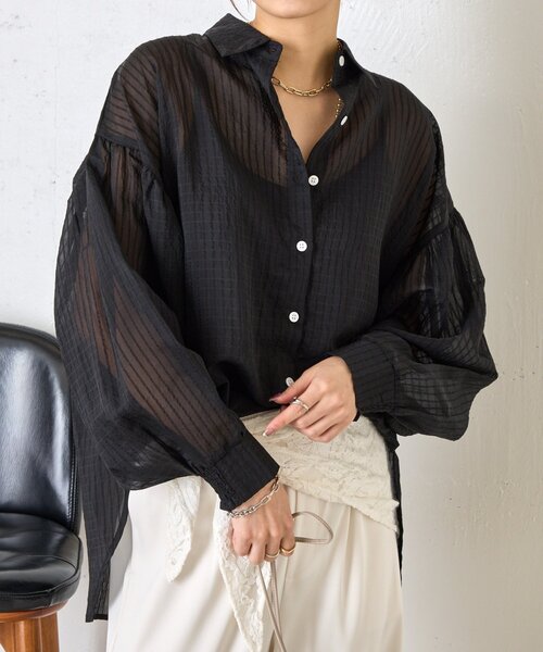 Jena espace merveilleux(ジェナ エスパスメルヴェイユ)の「【体系カバー◎】シアーストライプチュニックシャツ(シャツ/ブラウス・レディース・オフホワイト/イエロー/ブラック・FREE)」の11枚目の写真