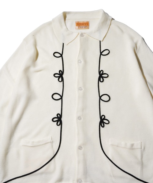 PENNEYS(ぺニーズ)の「PENNEY'S / ぺニーズ ROPE EMBROIDERY POLO CARDIGAN ロープ刺繍 ポロカーディガン(カーディガン/ボレロ・メンズ・ブラック×ホワイト/ホワイト・MEDIUM/LARGE/SMALL)」の1枚目の写真