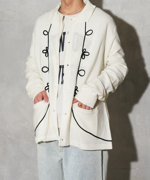 PENNEYS(ぺニーズ)の「PENNEY'S / ぺニーズ ROPE EMBROIDERY POLO CARDIGAN ロープ刺繍 ポロカーディガン(カーディガン/ボレロ・メンズ・ブラック×ホワイト/ホワイト・MEDIUM/LARGE/SMALL)」の3枚目の写真