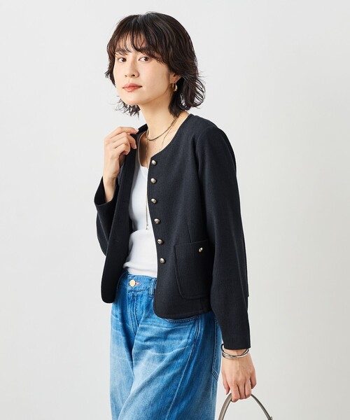 NOLLEY’S Sophi（ノーリーズソフィ）の「ウォッシャブルラッセルリングカーデジャケット（ノーカラージャケット・レディース・ネイビー/オフホワイト・38）」の2枚目の写真