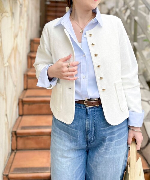 NOLLEY’S Sophi（ノーリーズソフィ）の「ウォッシャブルラッセルリングカーデジャケット（ノーカラージャケット・レディース・ネイビー/オフホワイト・38）」の4枚目の写真