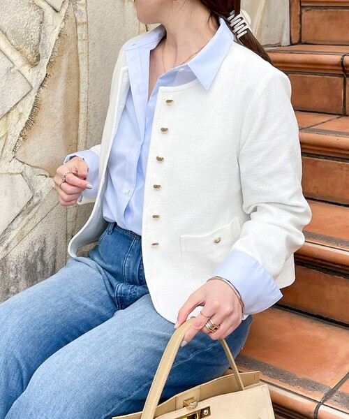 NOLLEY’S Sophi（ノーリーズソフィ）の「ウォッシャブルラッセルリングカーデジャケット（ノーカラージャケット・レディース・ネイビー/オフホワイト・38）」の5枚目の写真