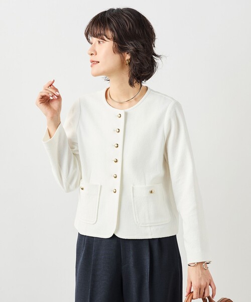 NOLLEY’S Sophi（ノーリーズソフィ）の「ウォッシャブルラッセルリングカーデジャケット（ノーカラージャケット・レディース・ネイビー/オフホワイト・38）」の14枚目の写真