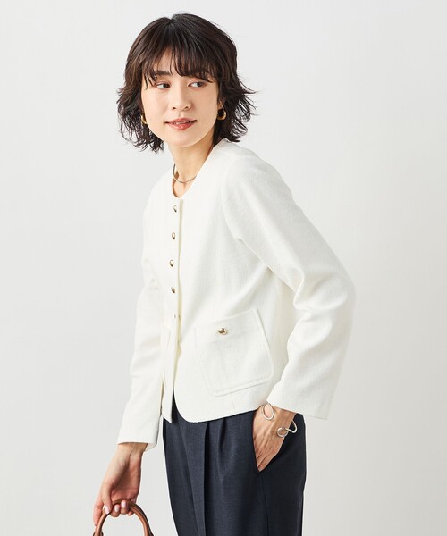 NOLLEY’S Sophi（ノーリーズソフィ）の「ウォッシャブルラッセルリングカーデジャケット（ノーカラージャケット・レディース・ネイビー/オフホワイト・38）」の15枚目の写真