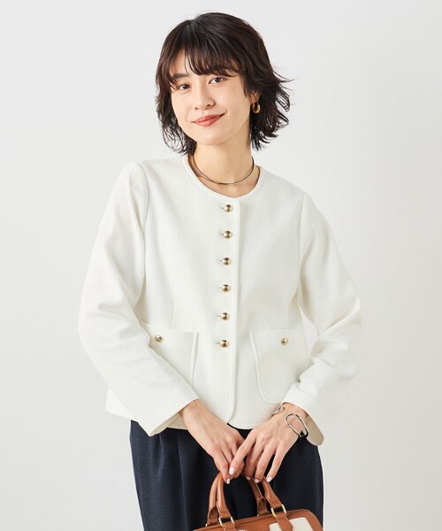 NOLLEY’S Sophi（ノーリーズソフィ）の「ウォッシャブルラッセルリングカーデジャケット（ノーカラージャケット・レディース・ネイビー/オフホワイト・38）」の17枚目の写真