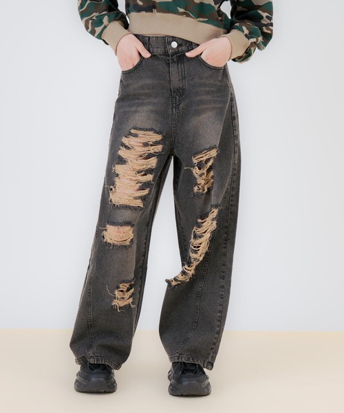 ANAP GｉRL（アナップガール）の「ハイクラッシュ ワイドパンツ（デニムパンツ・キッズ・ブラック/ブルー・S/M/XS）」の2枚目の写真