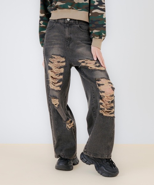 ANAP GｉRL（アナップガール）の「ハイクラッシュ ワイドパンツ（デニムパンツ・キッズ・ブラック/ブルー・S/M/XS）」の4枚目の写真