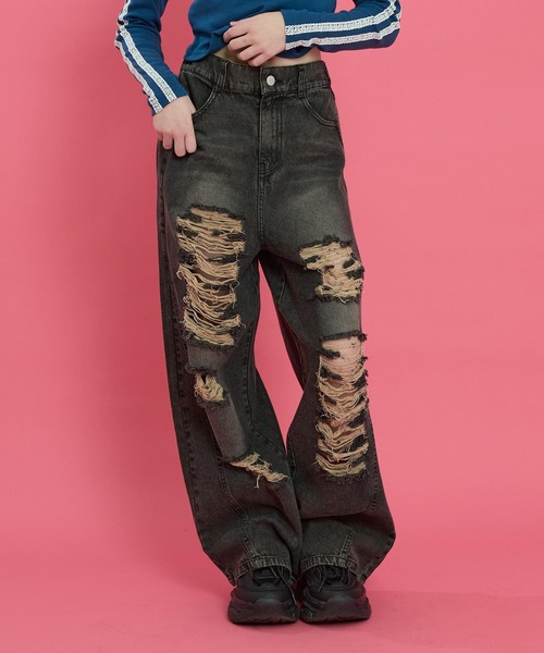 ANAP GｉRL（アナップガール）の「ハイクラッシュ ワイドパンツ（デニムパンツ・キッズ・ブラック/ブルー・S/M/XS）」の9枚目の写真