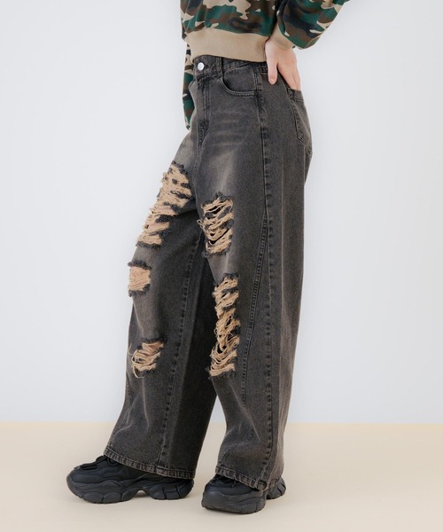 ANAP GｉRL（アナップガール）の「ハイクラッシュ ワイドパンツ（デニムパンツ・キッズ・ブラック/ブルー・S/M/XS）」の5枚目の写真