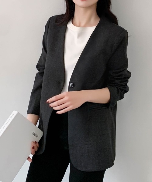 LOWO(ロワ)の「ドットスカーフ付き ノーカラージャケット オフィス フォーマル カジュアル(ノーカラージャケット・レディース・キャメル/チャコールグレー/ブラック・M/L)」の11枚目の写真
