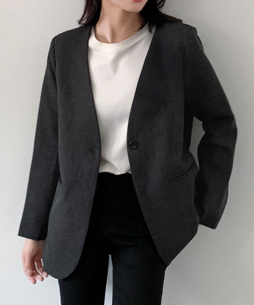 LOWO(ロワ)の「ドットスカーフ付き ノーカラージャケット オフィス フォーマル カジュアル(ノーカラージャケット・レディース・キャメル/チャコールグレー/ブラック・M/L)」の12枚目の写真