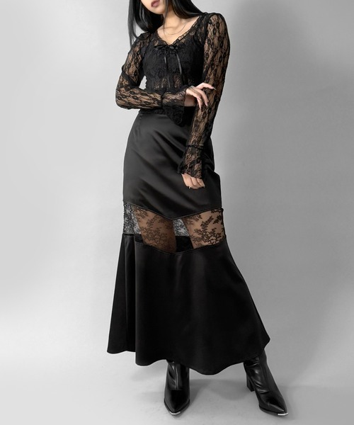 LVEU.（ラブユ.）の「【LVEU.】フラワーレースシアートップス / トップス ブラウス レース  Vネック リボン フリル クロップド ショート 長袖  ブラック ホワイト ZOZOTOWN限定（Tシャツ/カットソー・レディース・ブラック/ホワイト・FREE）」の9枚目の写真