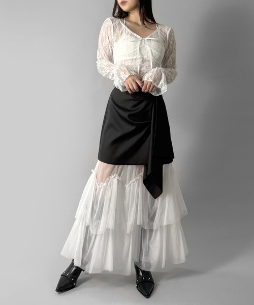 LVEU.（ラブユ.）の「【LVEU.】フラワーレースシアートップス / トップス ブラウス レース  Vネック リボン フリル クロップド ショート 長袖  ブラック ホワイト ZOZOTOWN限定（Tシャツ/カットソー・レディース・ブラック/ホワイト・FREE）」の21枚目の写真