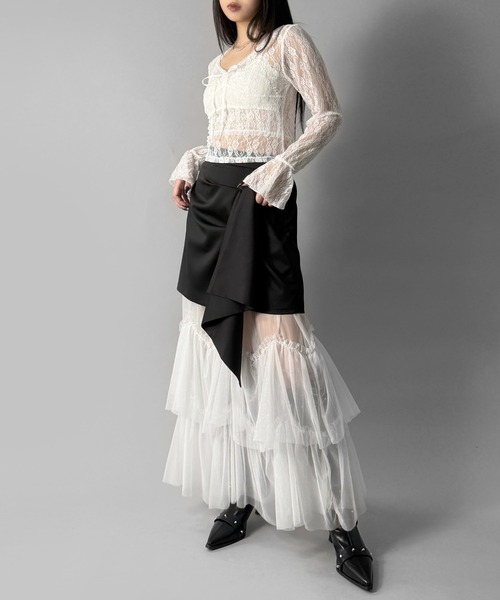 LVEU.（ラブユ.）の「【LVEU.】フラワーレースシアートップス / トップス ブラウス レース  Vネック リボン フリル クロップド ショート 長袖  ブラック ホワイト ZOZOTOWN限定（Tシャツ/カットソー・レディース・ブラック/ホワイト・FREE）」の22枚目の写真