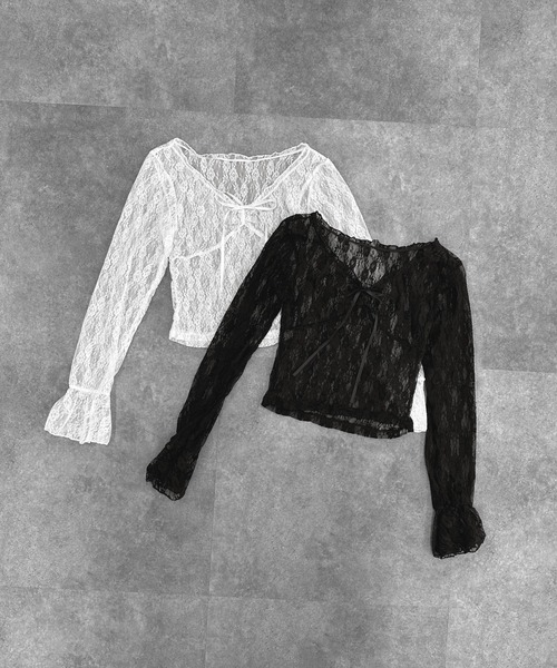 LVEU.（ラブユ.）の「【LVEU.】フラワーレースシアートップス / トップス ブラウス レース  Vネック リボン フリル クロップド ショート 長袖  ブラック ホワイト ZOZOTOWN限定（Tシャツ/カットソー・レディース・ブラック/ホワイト・FREE）」の17枚目の写真