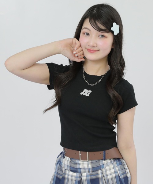 ANAP GｉRL（アナップガール）の「メタルシルバープリント リブ Tシャツ トップス（Tシャツ/カットソー・キッズ・ブラック/ホワイト×ブラック/マルチ/ホワイト・XS/M/S）」の3枚目の写真