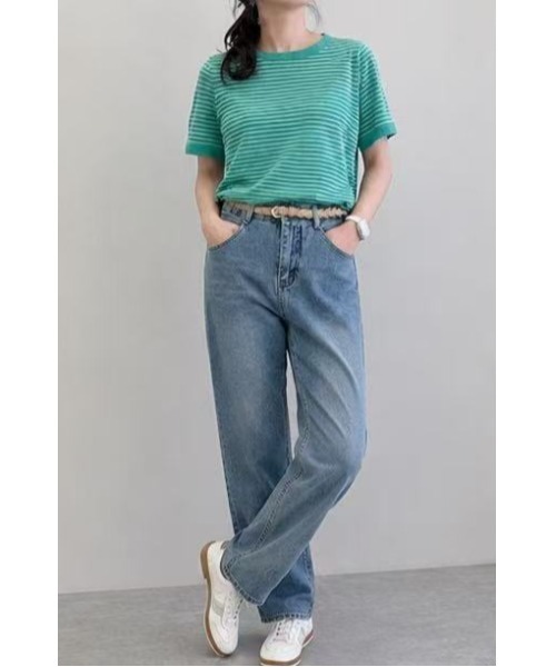 細ボーダー柄 WOMAN 細ボーダー柄長袖Tシャツ BLUE 韓国ファッション 
