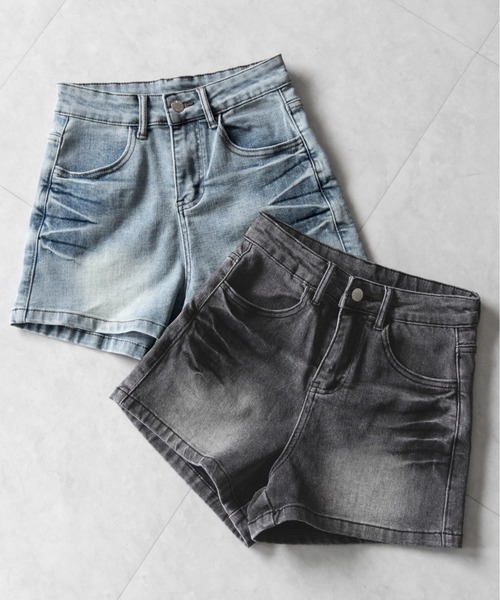 セール】【 2color ／3size 】ハイウエストタイトデニムショート