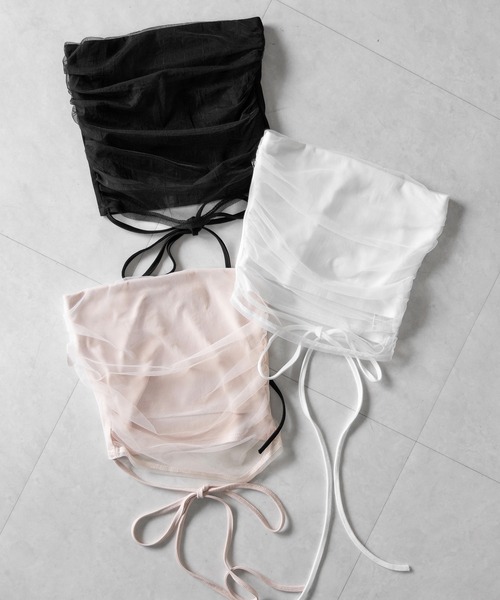 me+em select(ミームセレクト)の「【 3color 】ウエストクロスチュールドッキングベアトップ / waist cross tulle docking bare top※※(チューブトップ・レディース・ピンク/ブラック/ホワイト・FREE)」の4枚目の写真