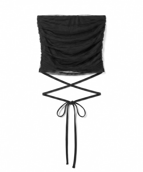 me+em select(ミームセレクト)の「【 3color 】ウエストクロスチュールドッキングベアトップ / waist cross tulle docking bare top※※(チューブトップ・レディース・ピンク/ブラック/ホワイト・FREE)」の5枚目の写真