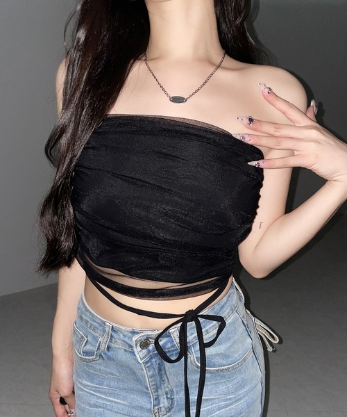 me+em select(ミームセレクト)の「【 3color 】ウエストクロスチュールドッキングベアトップ / waist cross tulle docking bare top※※(チューブトップ・レディース・ピンク/ブラック/ホワイト・FREE)」の12枚目の写真