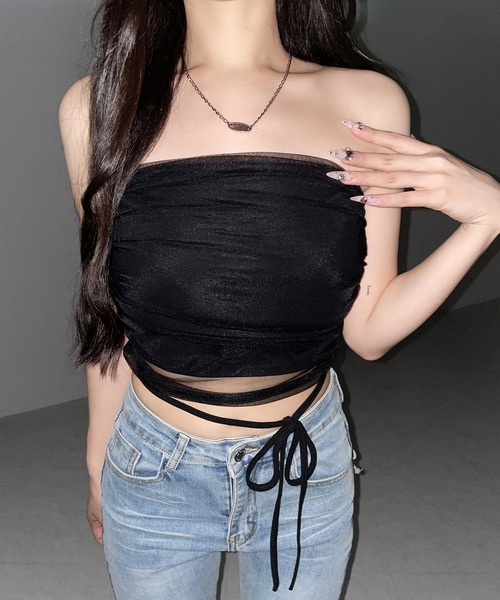 me+em select(ミームセレクト)の「【 3color 】ウエストクロスチュールドッキングベアトップ / waist cross tulle docking bare top※※(チューブトップ・レディース・ピンク/ブラック/ホワイト・FREE)」の15枚目の写真