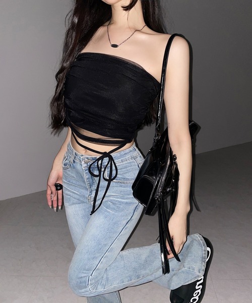 me+em select(ミームセレクト)の「【 3color 】ウエストクロスチュールドッキングベアトップ / waist cross tulle docking bare top※※(チューブトップ・レディース・ピンク/ブラック/ホワイト・FREE)」の16枚目の写真
