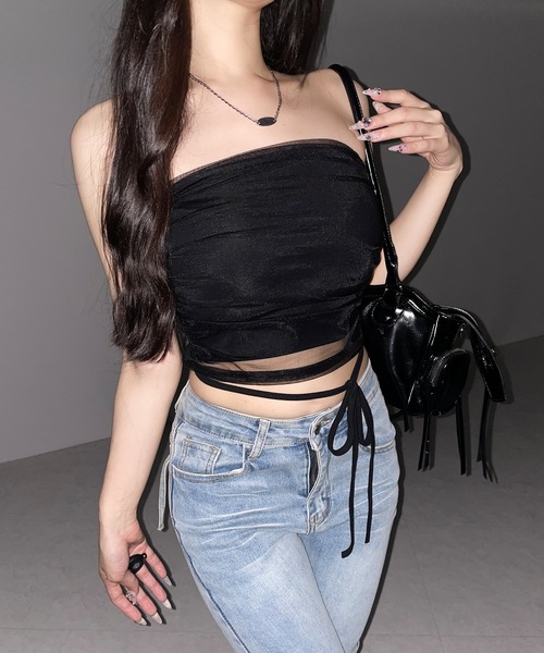 me+em select(ミームセレクト)の「【 3color 】ウエストクロスチュールドッキングベアトップ / waist cross tulle docking bare top※※(チューブトップ・レディース・ピンク/ブラック/ホワイト・FREE)」の18枚目の写真