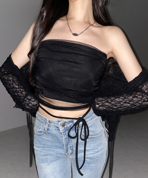 me+em select(ミームセレクト)の「【 3color 】ウエストクロスチュールドッキングベアトップ / waist cross tulle docking bare top※※(チューブトップ・レディース・ピンク/ブラック/ホワイト・FREE)」の19枚目の写真