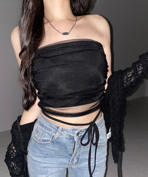 me+em select(ミームセレクト)の「【 3color 】ウエストクロスチュールドッキングベアトップ / waist cross tulle docking bare top※※(チューブトップ・レディース・ピンク/ブラック/ホワイト・FREE)」の20枚目の写真