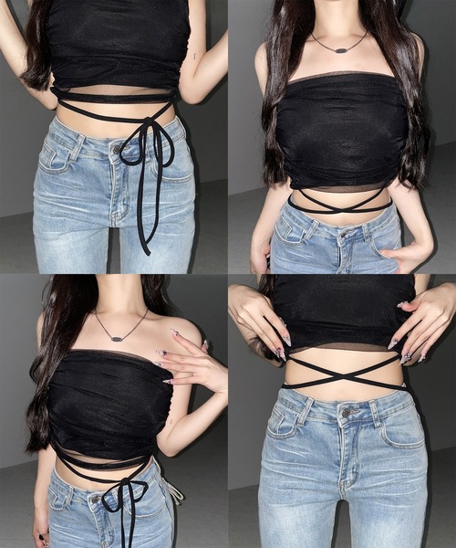 me+em select(ミームセレクト)の「【 3color 】ウエストクロスチュールドッキングベアトップ / waist cross tulle docking bare top※※(チューブトップ・レディース・ピンク/ブラック/ホワイト・FREE)」の6枚目の写真