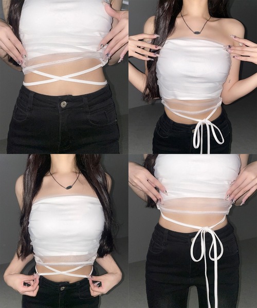 me+em select(ミームセレクト)の「【 3color 】ウエストクロスチュールドッキングベアトップ / waist cross tulle docking bare top※※(チューブトップ・レディース・ピンク/ブラック/ホワイト・FREE)」の7枚目の写真