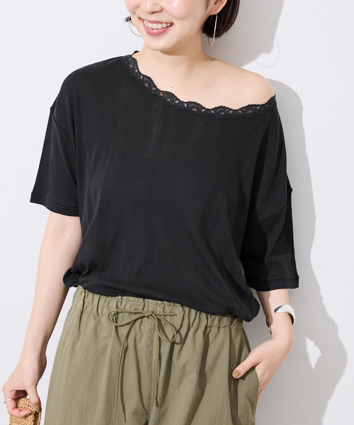SLOBE IENA(スローブイエナ)の「miller/ミラー SLOBE別注 レースシアーTEE(Tシャツ/カットソー・レディース・ホワイト/スカイブルー/ネイビー/ブラック・FREE)」の1枚目の写真