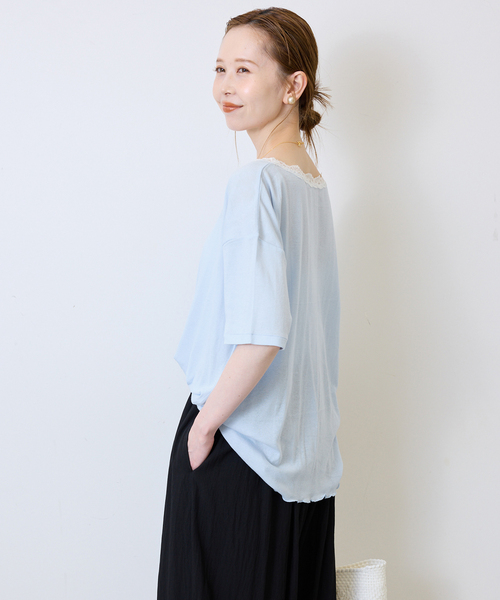 SLOBE IENA(スローブイエナ)の「miller/ミラー SLOBE別注 レースシアーTEE(Tシャツ/カットソー・レディース・ホワイト/スカイブルー/ネイビー/ブラック・FREE)」の18枚目の写真