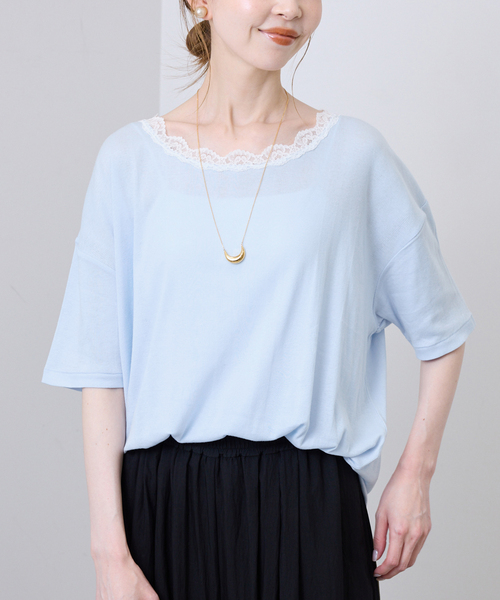 SLOBE IENA(スローブイエナ)の「miller/ミラー SLOBE別注 レースシアーTEE(Tシャツ/カットソー・レディース・ホワイト/スカイブルー/ネイビー/ブラック・FREE)」の20枚目の写真