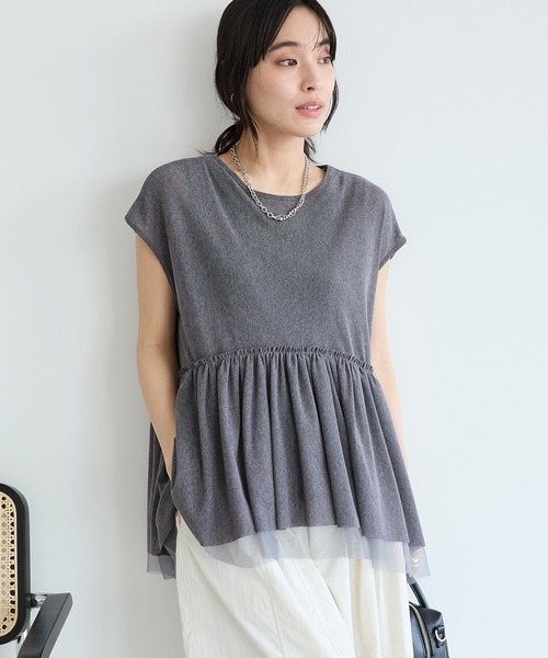 CRAFT STANDARD BOUTIQUE（クラフトスタンダードブティック）の「裾チュールペプラムデザインカットソー（Tシャツ/カットソー・レディース・ホワイト/ダークグレー/ライトグリーン・FREE）」の2枚目の写真