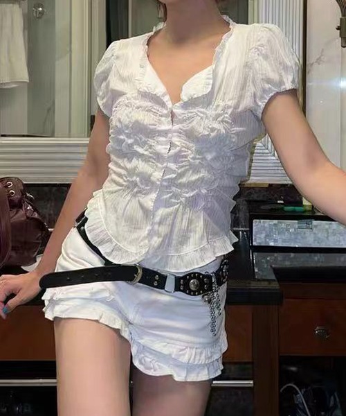 HALEY PESCA（ヘーリーペスカ）の「HALEY PESCA/ヴィンテージフリルシャーリングトップス（シャツ/ブラウス・レディース・ブラック/ホワイト・FREE）」の5枚目の写真