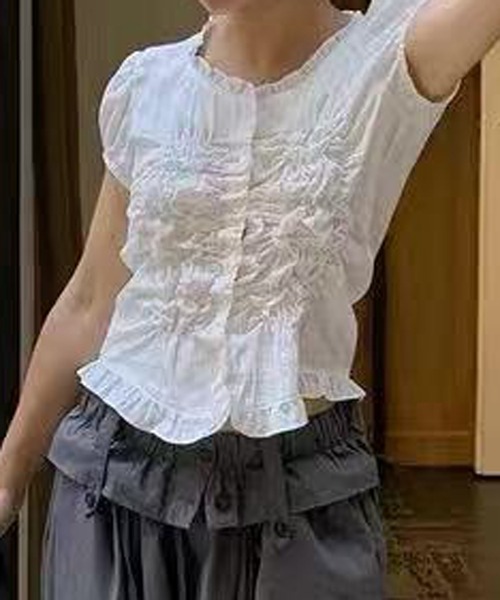 HALEY PESCA（ヘーリーペスカ）の「HALEY PESCA/ヴィンテージフリルシャーリングトップス（シャツ/ブラウス・レディース・ブラック/ホワイト・FREE）」の7枚目の写真