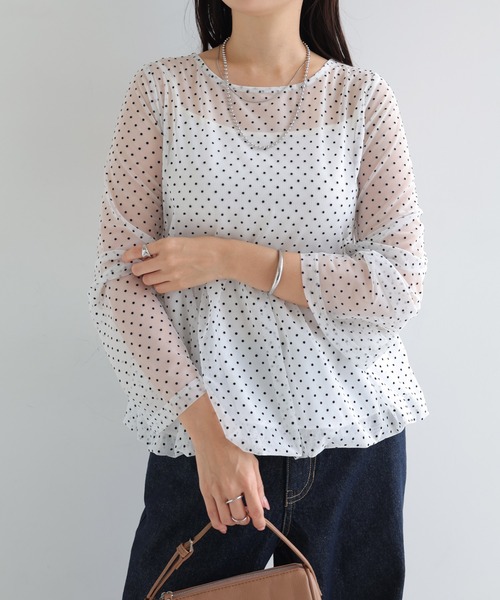 andme(アンドミー)の「フロッキードットシアーペプラムトップス(Tシャツ/カットソー・レディース・ブラウン/ブラック/オフホワイト・FREE)」の22枚目の写真