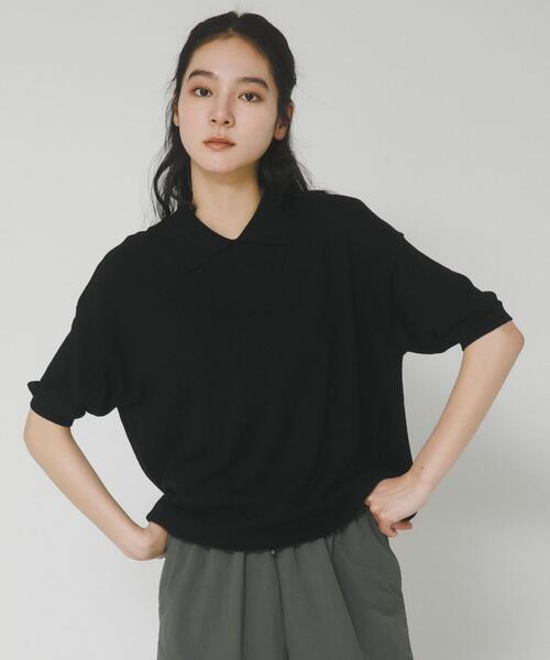 EKAL（エカル）の「ハーフスリーブニットポロシャツ（ニット/セーター・レディース・ブラック/チャコールグレー/グリーン・ONE）」の7枚目の写真
