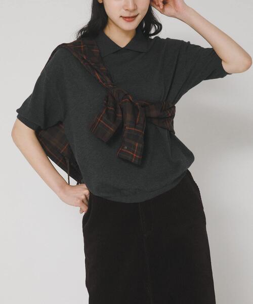 EKAL（エカル）の「ハーフスリーブニットポロシャツ（ニット/セーター・レディース・ブラック/チャコールグレー/グリーン・ONE）」の14枚目の写真
