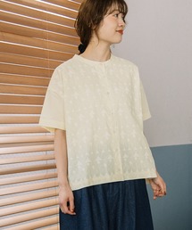 幾何ボーダー刺繍半袖シャツ