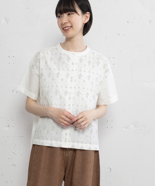 POU DOU DOU(プードゥドゥ)の「幾何ボーダー刺繍半袖シャツ(シャツ/ブラウス・レディース・オフホワイト/キナリ/ダークグレー・3)」の10枚目の写真