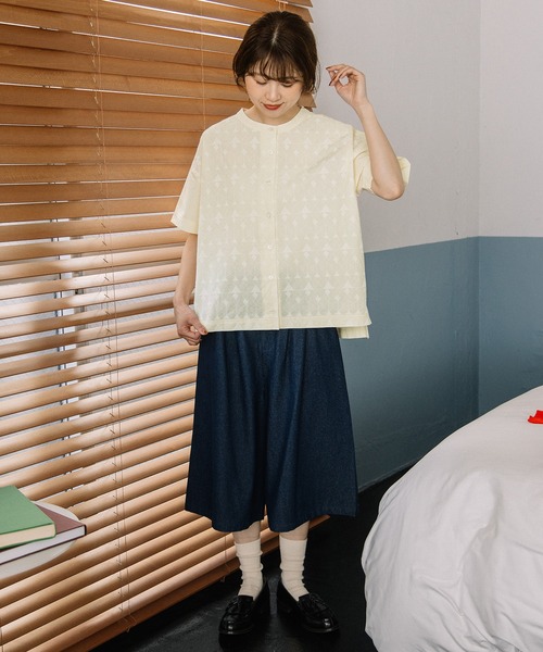 POU DOU DOU(プードゥドゥ)の「幾何ボーダー刺繍半袖シャツ(シャツ/ブラウス・レディース・オフホワイト/キナリ/ダークグレー・3)」の15枚目の写真